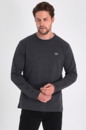 Erkek Antrasit Çift Bisiklet Yaka Baskı Detaylı Standart Rahat Kesim Sweatshirt