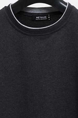 Erkek Antrasit Çift Bisiklet Yaka Baskı Detaylı Standart Rahat Kesim Sweatshirt