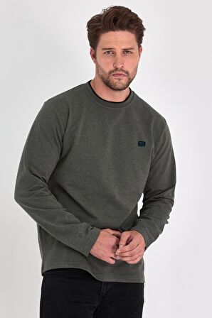 Erkek Haki Çift Bisiklet Yaka Baskı Detaylı Standart Rahat Kesim Sweatshirt