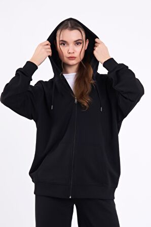 Siyah Kanguru Cepli Kapüşonlu Fermuarlı Oversize Kadın Sweatshirt