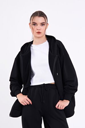 Siyah Kanguru Cepli Kapüşonlu Fermuarlı Oversize Kadın Sweatshirt