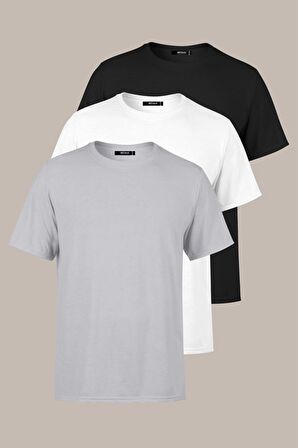 Erkek Çok Renkli T- Shirt Regular Fit Rahat Kesim Bisiklet Yaka 3'lü Basic Tişört Paketi