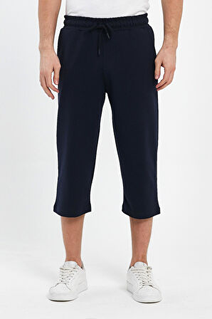 Erkek Yanları Cepli Lacivert Bermuda Diz Altı Kapri Beli Ayarlanabilir Lastikli Uzun Şort CMRE74-Lacivert