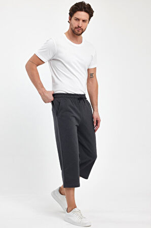 mmetalic Erkek Yanları Cepli Antrasit Bermuda Diz Altı Kapri Beli Ayarlanabilir Lastikli Uzun Şort