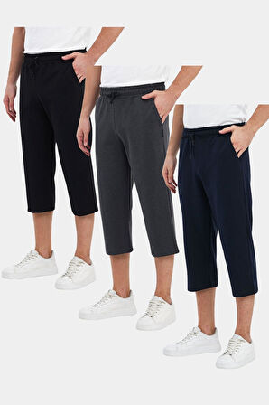 Erkek 3'Lü Yanları Cepli Bermuda Diz Altı Kapri Beli Ayarlanabilir Lastikli Uzun Şort