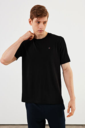 Erkek Bisiklet Yaka T-shirt %100 Pamuk Nakış Detaylı Basic Siyah Tişört