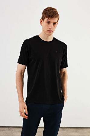 Erkek Bisiklet Yaka T-shirt %100 Pamuk Nakış Detaylı Basic Siyah Tişört