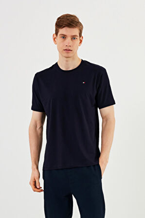 Erkek Bisiklet Yaka T-shirt %100 Pamuk Nakış Detaylı Basic Lacivert Tişört