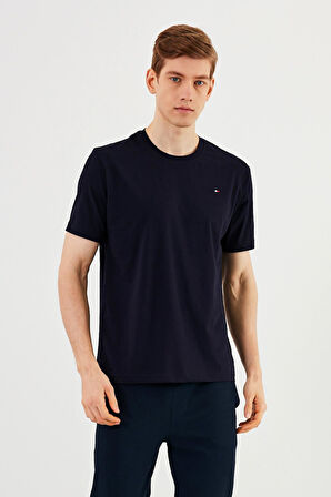 Erkek Bisiklet Yaka T-shirt %100 Pamuk Nakış Detaylı Basic Lacivert Tişört