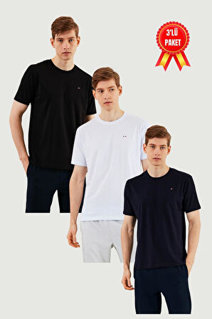 Erkek 3'lü Bisiklet Yaka T-shirt %100 Pamuk Nakış Detaylı Basic Siyah-Beyaz-Lacivert Tişört