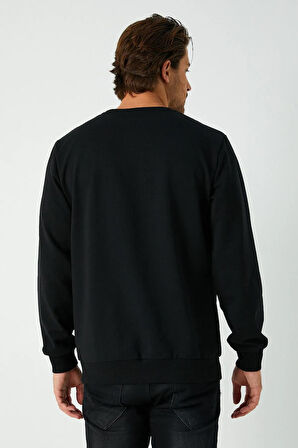 Erkek Siyah Basic 2 İplik Bisiklet Yaka Regular Fit Normal Kesim Sweatshirt 