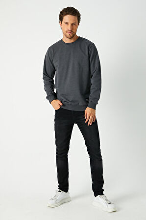 Erkek Antrasit Basic Bisiklet Yaka Regular Fit Normal Kesim 2 İplik Sweatshirt
