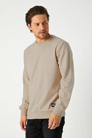 Erkek Bej Basic Bisiklet Yaka Regular Fit Normal Kesim 2 İplik Sweatshirt