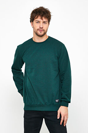 Erkek Koyu Yeşil Basic Bisiklet Yaka Regular Fit Normal Kesim 2 İplik Sweatshirt