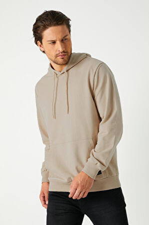 Erkek Bej Basic Kapüşonlu Regular Fit Normal Kesim 2 İplik Kumaş Günlük Sweatshirt