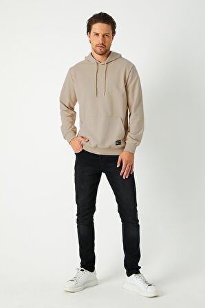 Erkek Bej Basic Kapüşonlu Regular Fit Normal Kesim 2 İplik Kumaş Günlük Sweatshirt