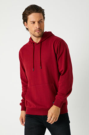 Erkek Bordo Basic Kapüşonlu Regular Fit Normal Kesim 2 İplik Kumaş Günlük Sweatshirt