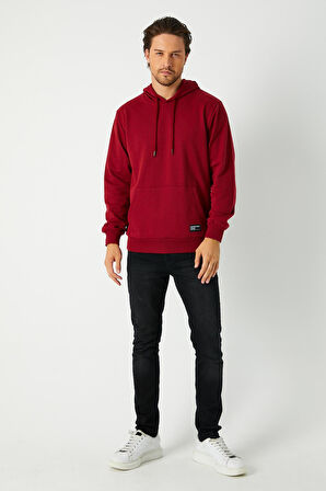 Erkek Bordo Basic Kapüşonlu Regular Fit Normal Kesim 2 İplik Kumaş Günlük Sweatshirt