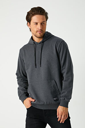 Erkek Antrasit Basic Kapüşonlu Regular Fit Normal Kesim 2 İplik Kumaş Günlük Sweatshirt