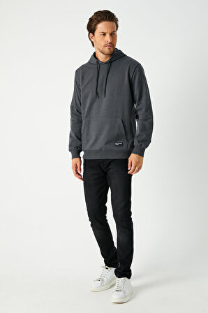 Erkek Antrasit Basic Kapüşonlu Regular Fit Normal Kesim 2 İplik Kumaş Günlük Sweatshirt