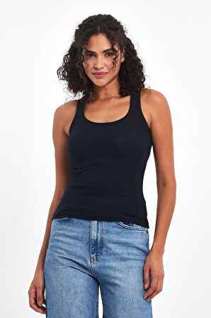 Kadın Lacivert Fitilli Görünümlü Askılı Kalın Basic Atlet