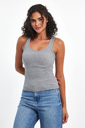 Kadın Gri Fitilli Görünümlü Askılı Kalın Basic Atlet