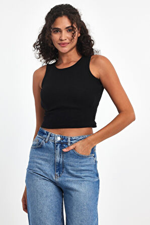 Kadın Siyah Fitilli Görünümlü Askılı Kalın Esnek Örme Basic Crop Atlet