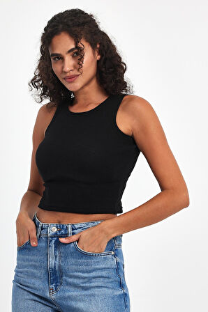 Kadın Siyah Fitilli Görünümlü Askılı Kalın Esnek Örme Basic Crop Atlet