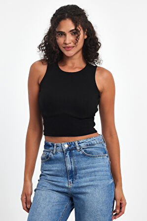 Kadın Siyah Fitilli Görünümlü Askılı Kalın Esnek Örme Basic Crop Atlet