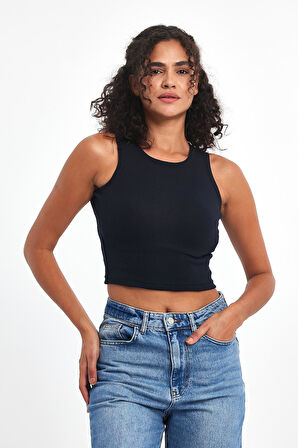 Kadın Lacivert Fitilli Görünümlü Askılı Kalın Esnek Örme Basic Crop Atlet