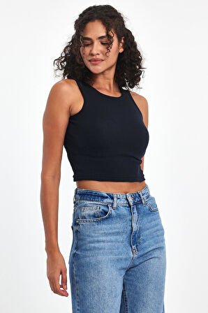Kadın Lacivert Fitilli Görünümlü Askılı Kalın Esnek Örme Basic Crop Atlet