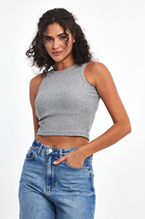 Kadın Gri Fitilli Görünümlü Askılı Kalın Esnek Örme Basic Crop Atlet