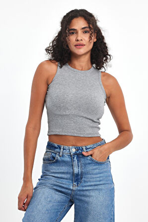 Kadın Gri Fitilli Görünümlü Askılı Kalın Esnek Örme Basic Crop Atlet
