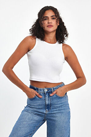 Kadın Beyaz Fitilli Görünümlü Askılı Kalın Esnek Örme Basic Crop Atlet