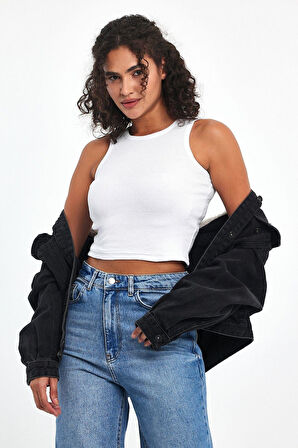 Kadın Beyaz Fitilli Görünümlü Askılı Kalın Esnek Örme Basic Crop Atlet