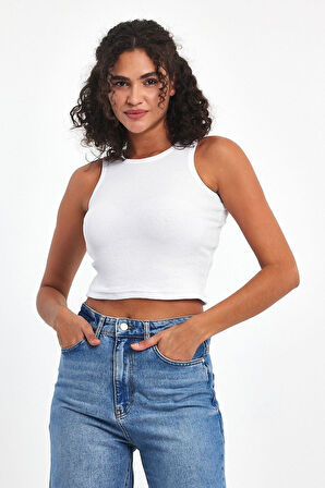 Kadın Beyaz Fitilli Görünümlü Askılı Kalın Esnek Örme Basic Crop Atlet