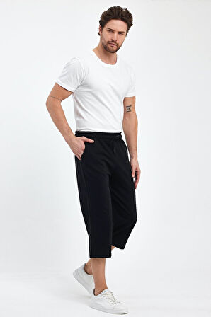 Erkek Yanları Cepli Siyah Bermuda Diz Altı Kapri Beli Ayarlanabilir Lastikli Uzun Şort CMRE74-Siyah