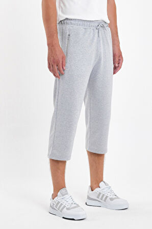 Erkek Cepleri Fermuarlı Gri Bermuda Diz Altı Kapri Beli Ayarlanabilir Lastikli Uzun Şort