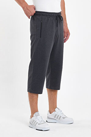 Erkek Cepleri Fermuarlı Antrasit Bermuda Diz Altı Kapri Beli Ayarlanabilir Lastikli Uzun Şort