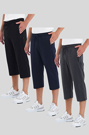 Erkek 3'Lü Cepleri Fermuarlı Bermuda Diz Altı Kapri Beli Ayarlanabilir Lastikli Uzun Şort CMRE94