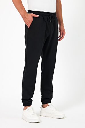 Kalın Siyah Erkek Eşofman Altı Jogger Arka Cepli Lastik Paça Regular Fit Şardonsuz CMREO96