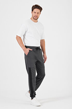 Erkek Antrasit Standart Fit Normal Kesim Paça Ribanalı Cepli Rahat Jogger Eşofman Altı 