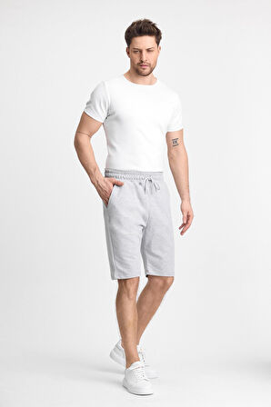  Erkek Gri Şort - Yan Cepli Beli Lastikli Regular Fit Rahat Kesim