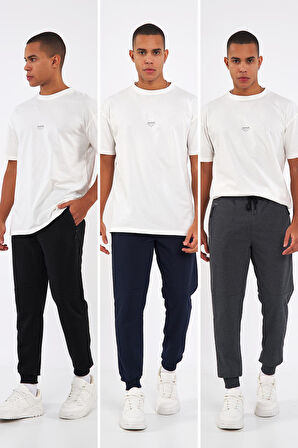  Siyah-Lacivert-Antrasit Erkek Paçası Lastikli 3'lü Eşofman Altı