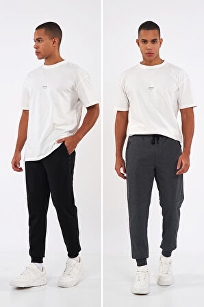  Siyah-Antrasit Paçası Lastikli Erkek 2'li Eşofman Altı