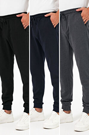 Kalın Siyah-Lacivert-Antrasit Erkek 3'lü Eşofman Altı Jogger Arka Cepli Paça Lastikli Regular Fit Şardonsuz CMRE97
