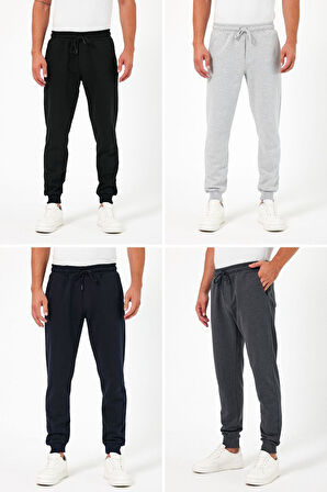 Kalın Siyah-Lacivert-Gri-Antrasit Erkek 4'lü Eşofman Altı Jogger Arka Cepli Paça Lastikli Regular Fit Şardonsuz CMRE97