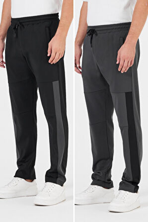 Erkek Siyah-Antrasit Standart Fit Normal Kesim Düz Paça Cep Fermuarlı Rahat Jogger 2'li Eşofman Altı CMRE100-2