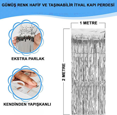 Gümüş Renk Ekstra Metalize Parlak Saçaklı Arka Fon Perde İthal A Kalite 1x2 Metre