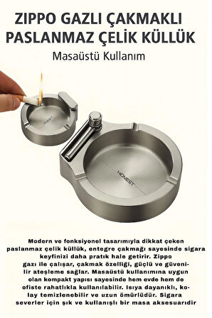 Paslanmaz Çelik Masaüstü Küllük – Zippo Gazlı Entegre Çakmaklı